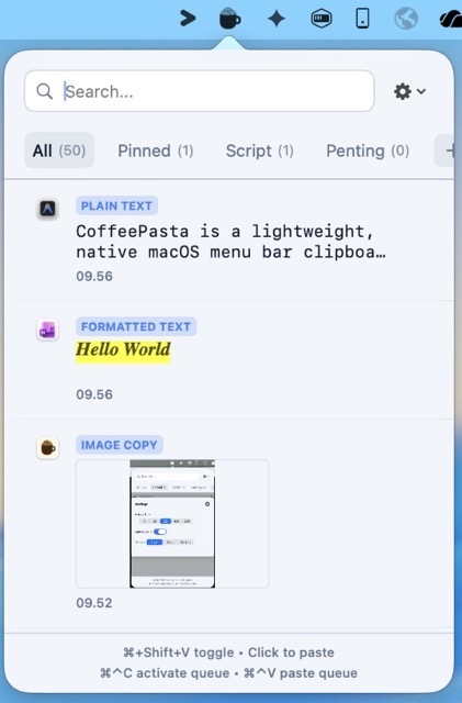 Screenshot of the Coffee Pasta settings panel