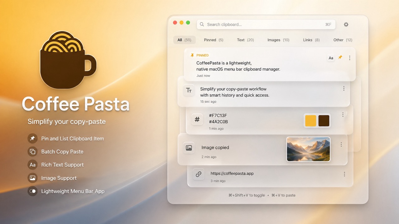Screenshot of the Coffee Pasta app showing a list of copied items