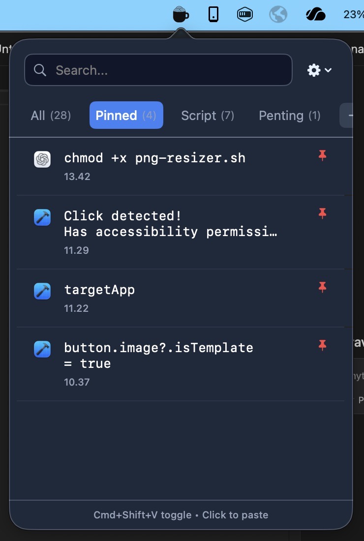 Screenshot of the Coffee Pasta app showing a list of copied items